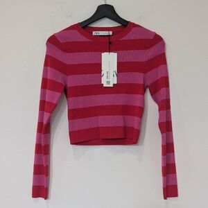 Zara Red and Pink Striped Long Sleeve Top